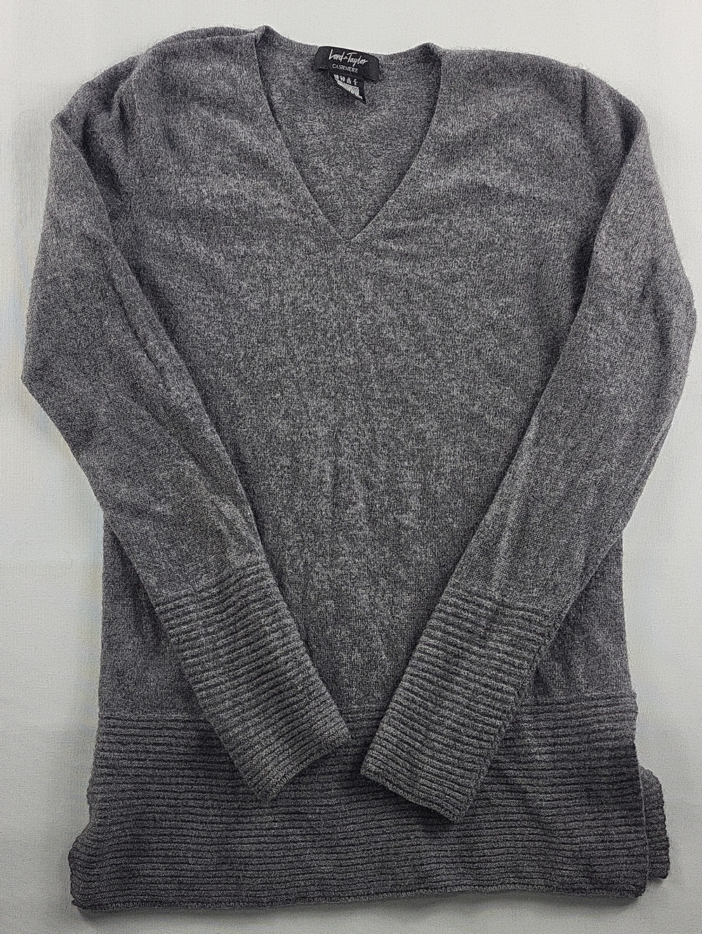 Lord & Taylor 100% Cashmere Gray V-Neck Sweater with Ribbed Trim Size XS
